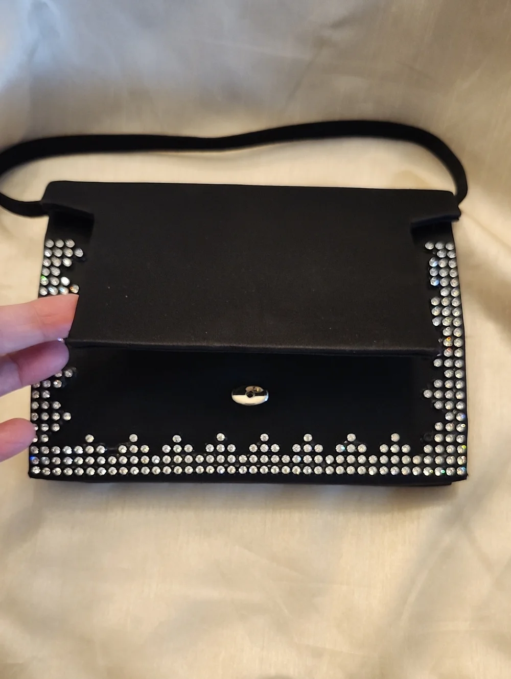 Vintage Neusteter Like New Black Satin Geometric Rhinestone-Trim Evening Bag $40